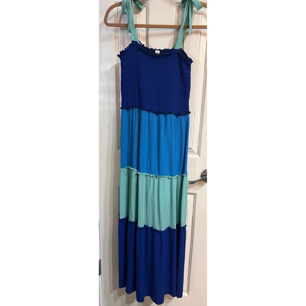 BeBop Blue/Teal/Aqua Colorblock Maxi Dress Stretch Smocked Lined Strappy Bows L